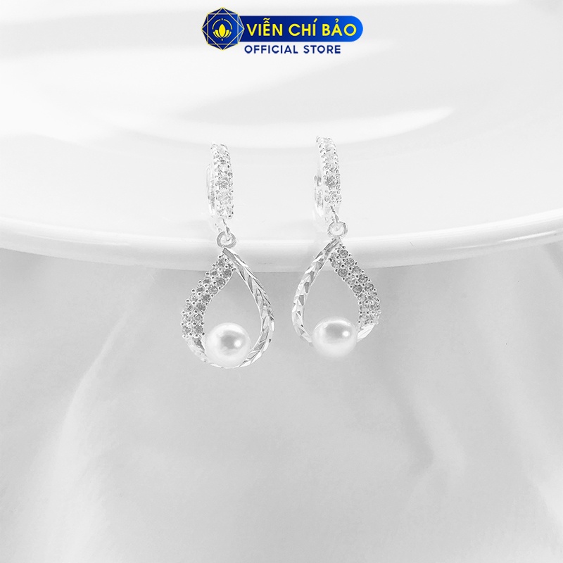 Bông bạc nữ Trái châu giọt nước khóa tròn đính đá bạc 925 thời trang phụ kiện trang sức nữ Viễn Chí Bảo B400292x