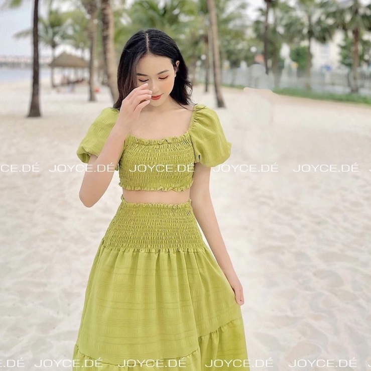 SET CROP XANH BOCHUN RÚT DÂY NGỰC + CHÂN VÁY MIDI