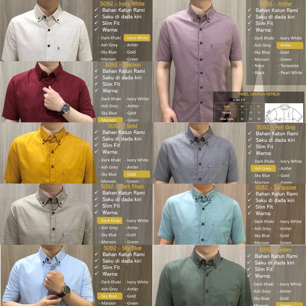 Áo Sơ Mi Nam Mỏng Vừa Vặn Màu Vàng/Xanh Dương/Vàng/Đen/Xám/Kaki Đậm/Xanh Navy/Xanh Lá/Vàng S092 Cho Nam