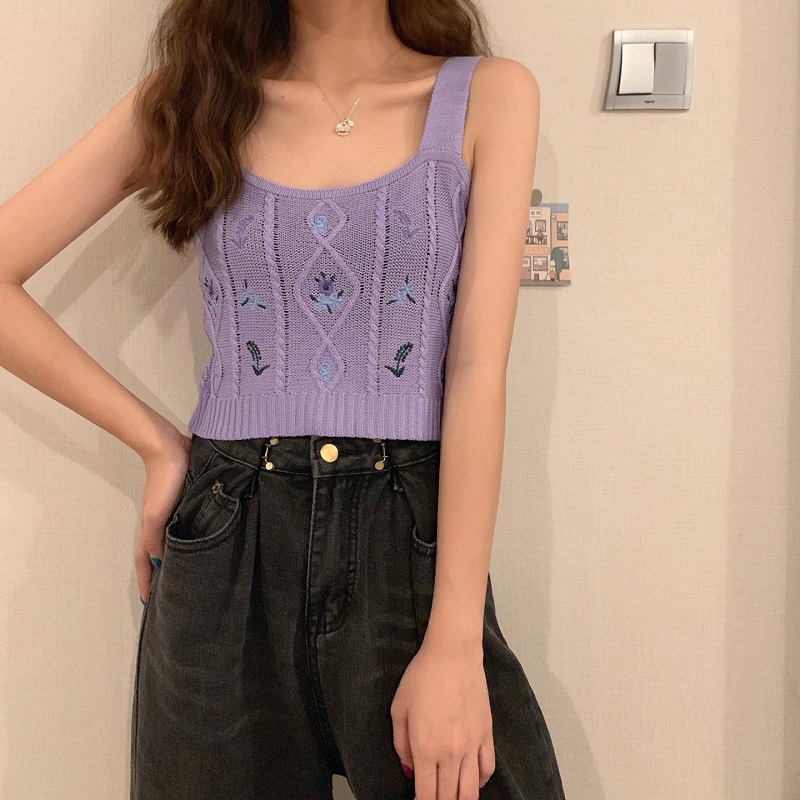 Áo 2 dây bản to croptop sexy kiểu Hàn Quốc phong cách Ulzzang nhiều màu ôm body thêu hoa Siêu Hot DK8T302