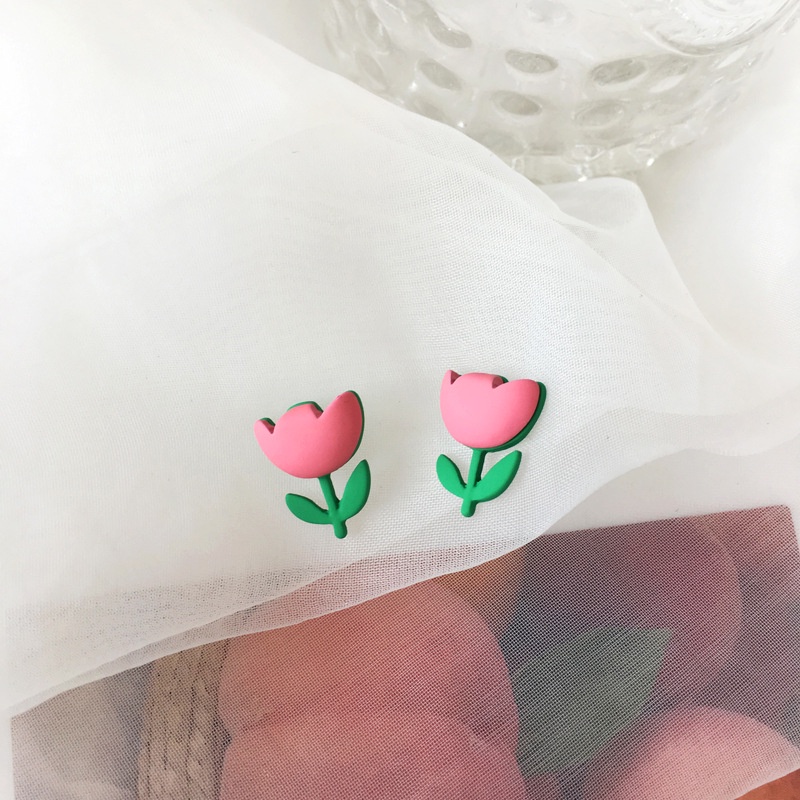 Bông Tai Mạ Bạc 925 Hình Hoa tulip Hồng Dễ Thương Phong Cách Hàn Quốc