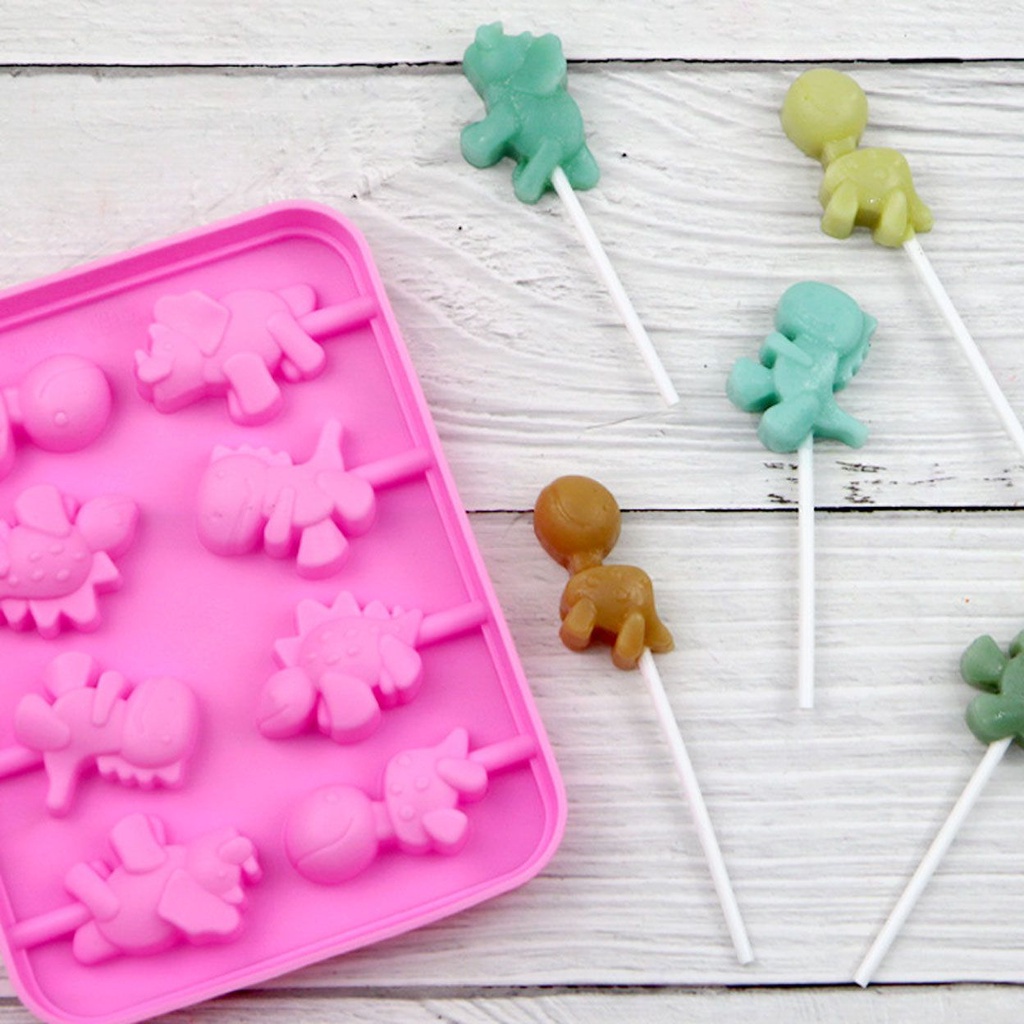 Khuôn silicone làm kẹo mút hình khủng long 8 lỗ DIY kèm 20 que