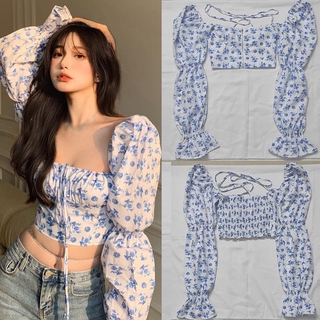 Áo Croptop Tay Phồng Cổ Vuông Hoạ Tiết Hoa Phong Cách Hàn Quốc