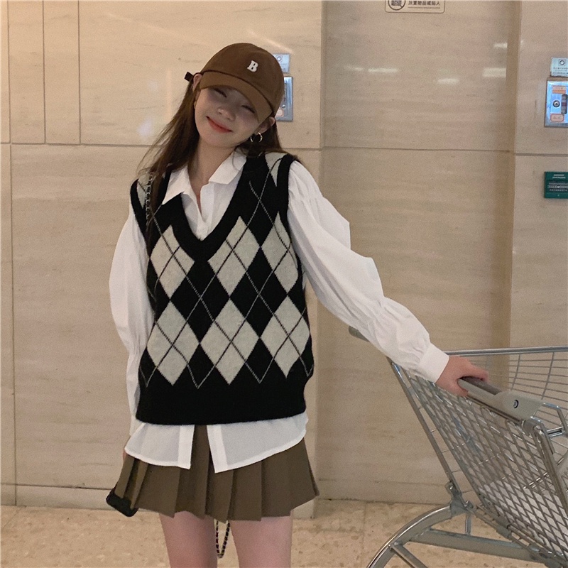 Áo gile len nữ ulzzang họa tiết ô trám chất len dệt kim đẹp áo len không tay cá tính - AL12 (sẵn) | BigBuy360 - bigbuy360.vn