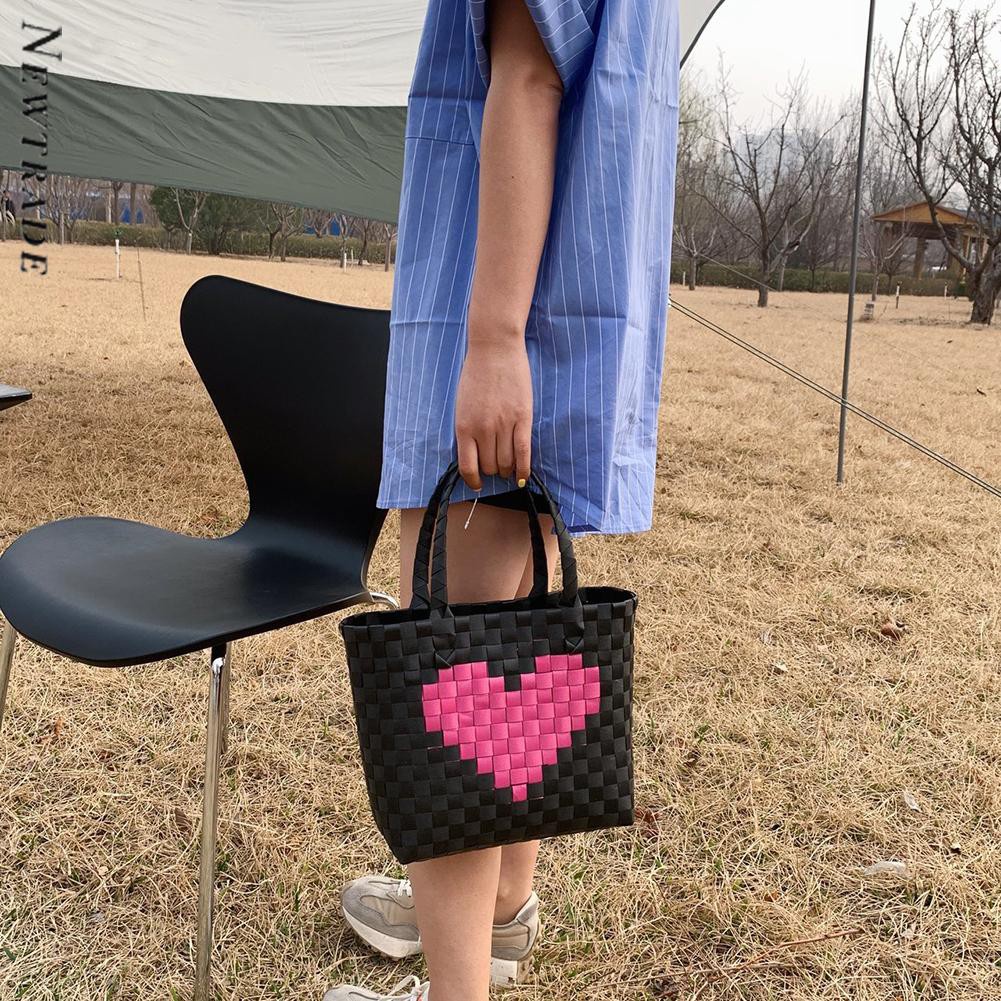 Women Heart Woven Contrast Color Handbag Top-handle Shopping Bag