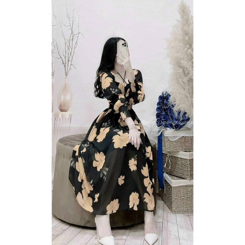 (Ưu Đãi FreeShip) Đầm Maxi Hoa Đi Biển,Đầm Nữ Tay Dài Phồng Cột Yếm Cổ Chất Voan Bông Cao Cấp Có Mút