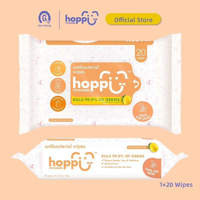 Gói 20 tờ khăn lau GuoGuang Hoppi kháng khuẩn cao cấp cho em bé