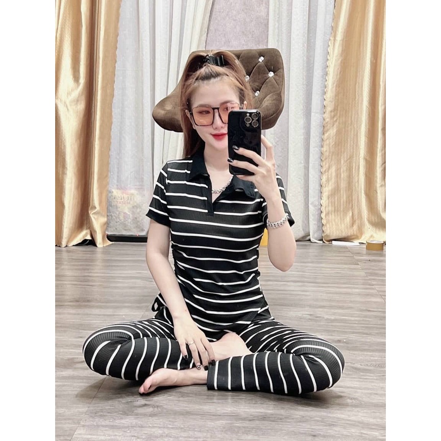 Đồ bộ nữ quần legging đai cao có túi và áo ôm ngắn tay cổ bẻ lai nhọn rút dây 1 bên vải thun cotton gân borip, đồ nữ