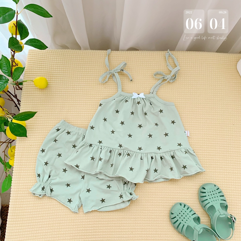 Bộ cotton hai dây xinh xắn cho bé, bộ thun hoạ tiết dễ thương cho bé gái