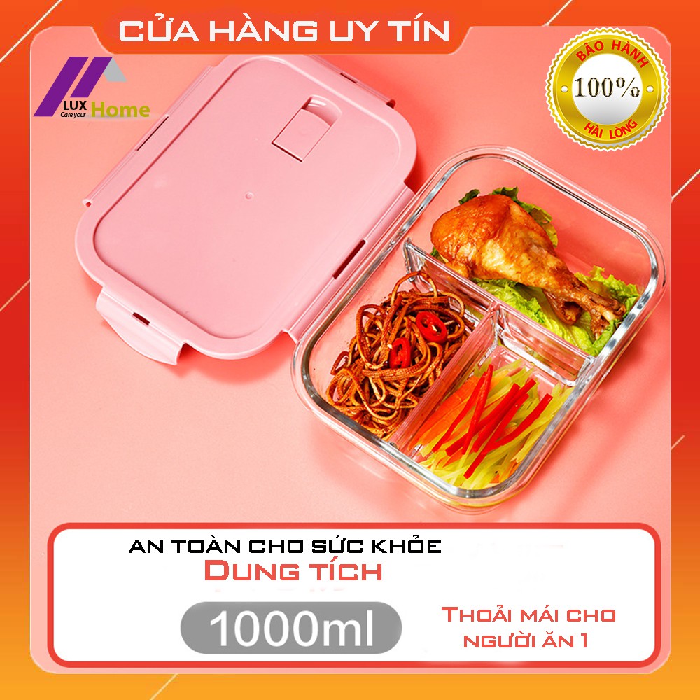 Hộp cơm thủy tinh 3 ngăn chịu nhiệt, chống tràn