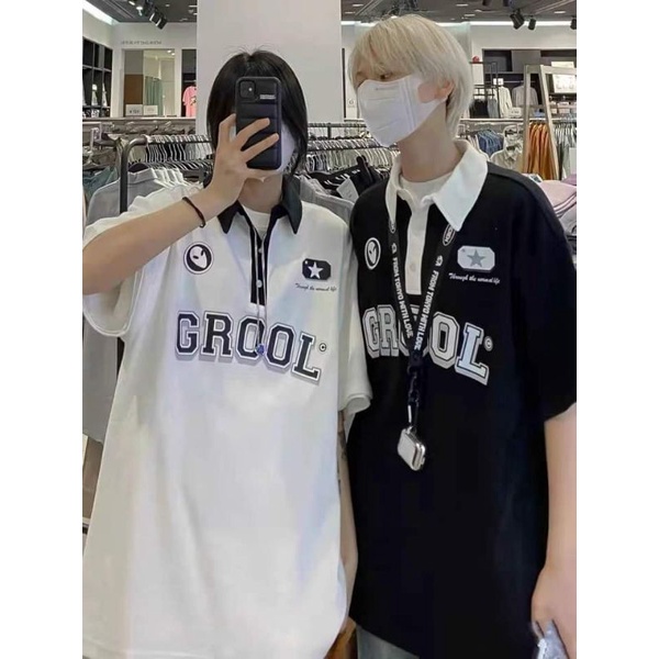 Áo Polo cổ bẻ tay lỡ in chữ GROOL 2 màu đen trắng  Chất cotton dầy đẹp, from rộng Unisex phong cách Hàn Quốc