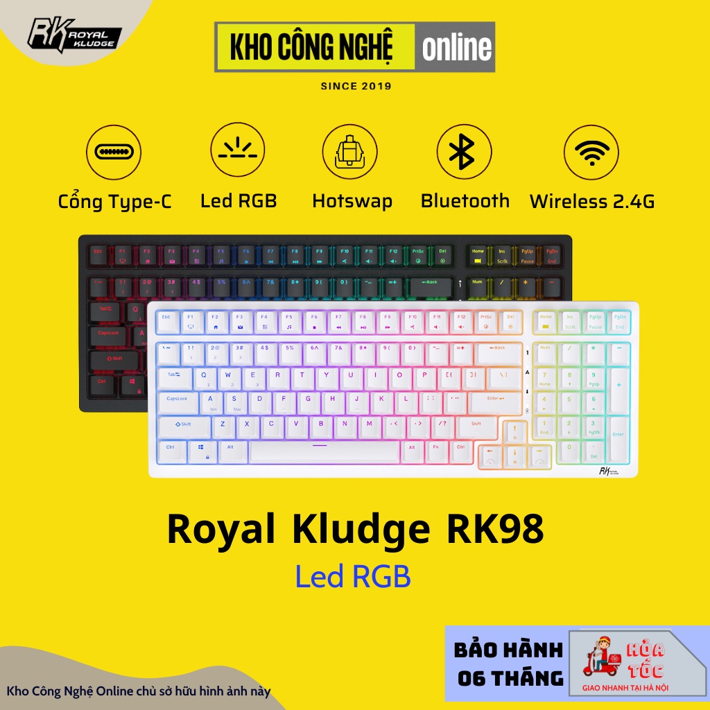 Bàn phím cơ không dây Royal Kludge RK98 Hotswap led RGB, kết nối 3 chế độ (Bluetooth 5.0 | Wireless 2.4G | Dây type C)