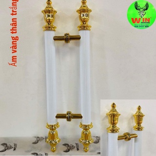 Tay nắm cửa kính cường lực inox trắng sứ đầu ấm vàng,Tay cầm cửa chính