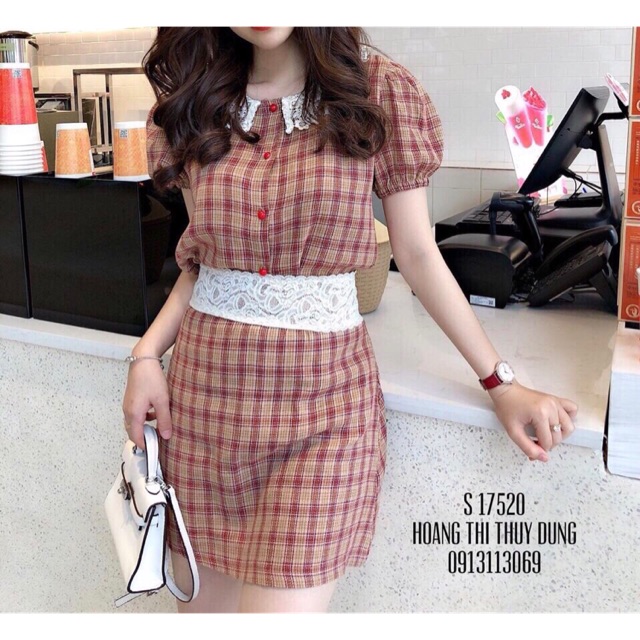 Set sơ mi kẻ rời phối ren cách điệu