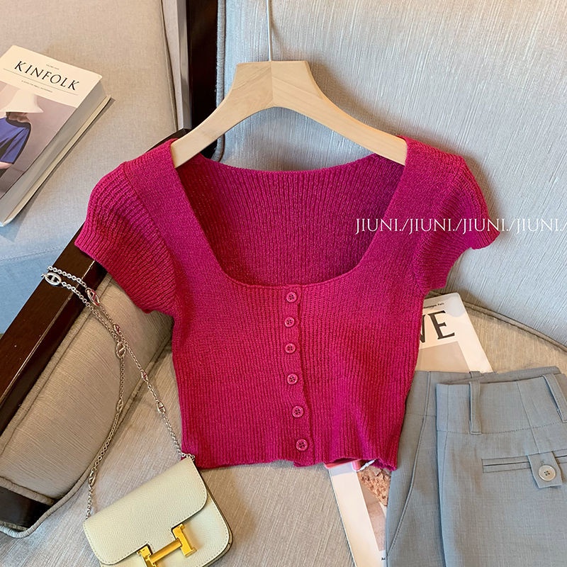 Jiashucheng Áo Sweater Tay Ngắn Cổ Vuông Dáng Ôm Màu Đỏ Hồng Thuần Khiết Phong Cách Mới Mùa Hè Dành Cho Bạn Nữ