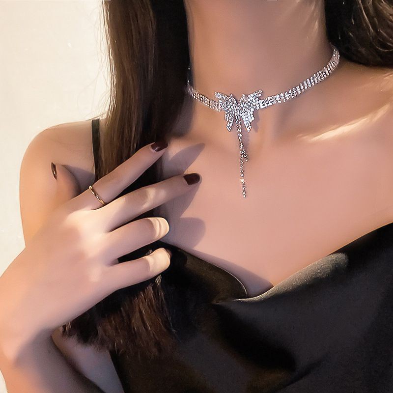 Vòng cổ chocker nữ - Dây chuyền khảm bạc S925 đính đá hình cánh bướm cực cá tính