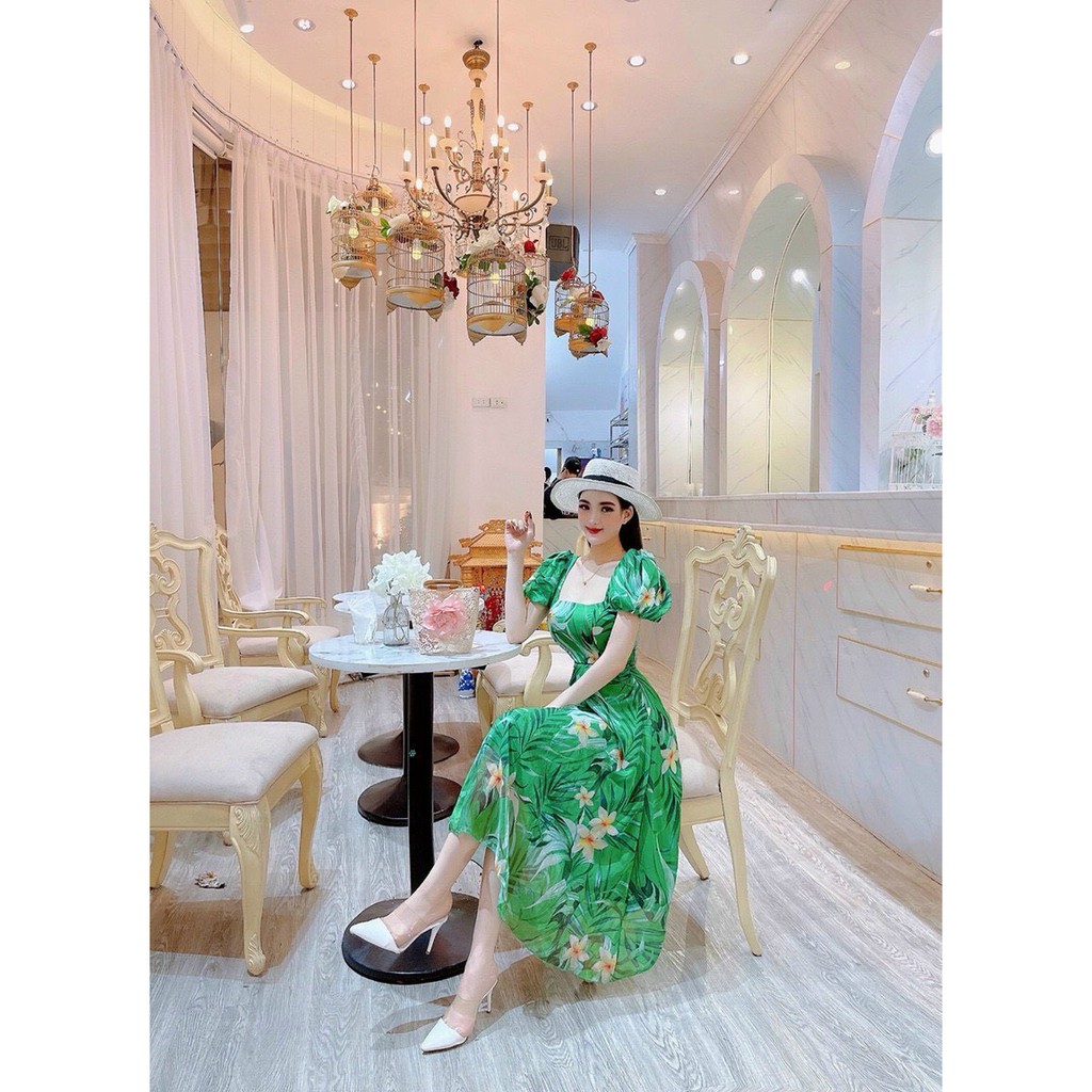 Đầm Maxi Hoa, Váy Maxi Đi Biển V141, Chất Voan Mềm Mướt, Họa Tiết Hoa Vàng, Xanh , Dáng Xòe Basic, Dễ Mặc
