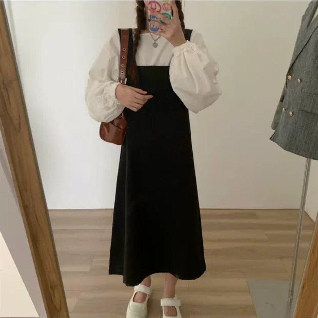 SET YẾM MIDI SƠ MI TRẮNG NHÚN TAY BỒNG Mix YẾM HÀN QUỐC Hot Màu Đen - Set Độc Lạ