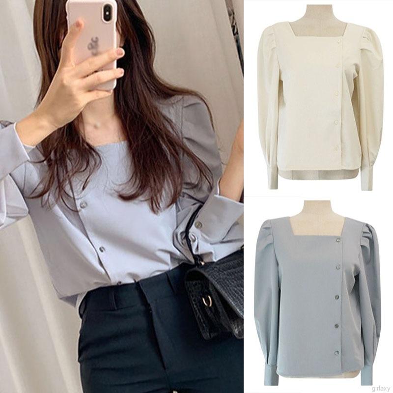Áo kiểu tay dài cổ vuông phong cách Hàn Quốc hợp thời trang cho nữ