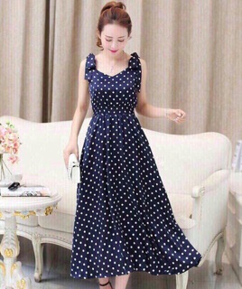 Đầm maxi chấm bi nơ vai eo thun siêu xinh