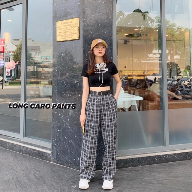 Quần kẻ caro ống suông cạp cao ( hình shop tự chụp ). | BigBuy360 - bigbuy360.vn