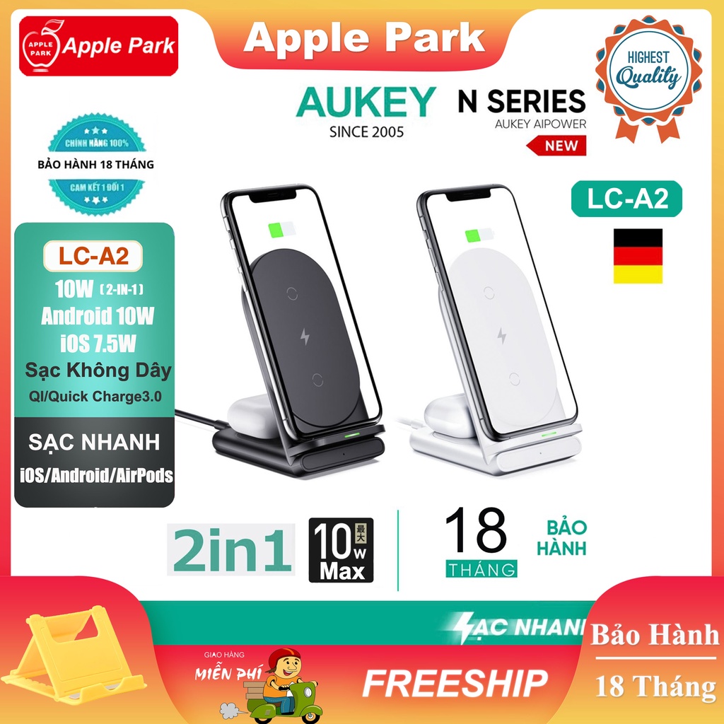 Đế Sạc Không Dây Aukey LC-A2 Chuẩn Qi Max 10W 7.5W 5W,Cho 14 Pro 13 12 11 X 8P Samsung S22 Note 20 AirPods Pro vv