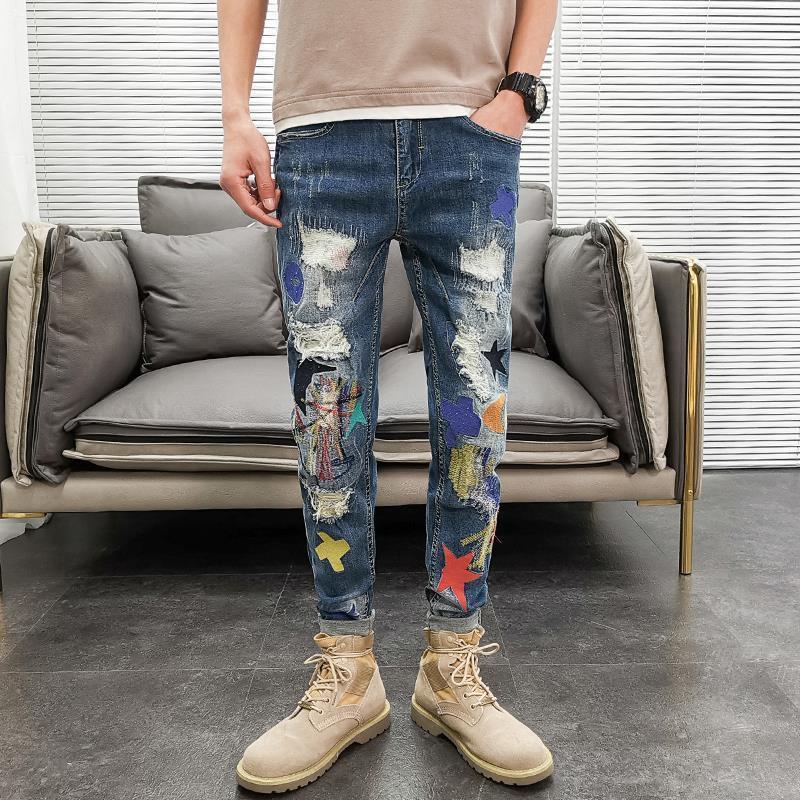 Quần jeans dáng dài thêu chữ cái phong cách Hàn Quốc cá tính trẻ trung dành cho nam