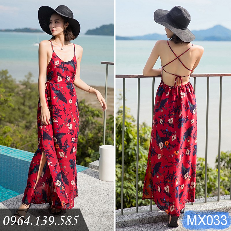 Váy maxi 2 dây lưng trần sexy, họa tiết trang nhã, thích hợp đi biển, dạ hội, sự kiện | MX033