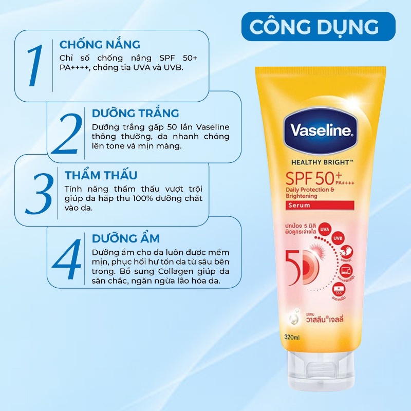 Sữa Dưỡng Thể Body Trắng Da Chống Năng Nâng Tone Vaseline Thái Lan Perfect Serum 50x Spf50+ 320ml Giúp Da Trắng Sáng