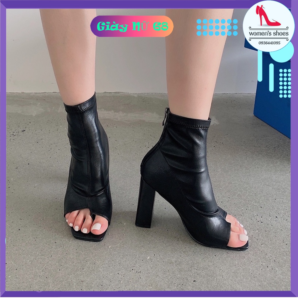 Giày Bốt Nư Da Cao Gót Hở Mũi