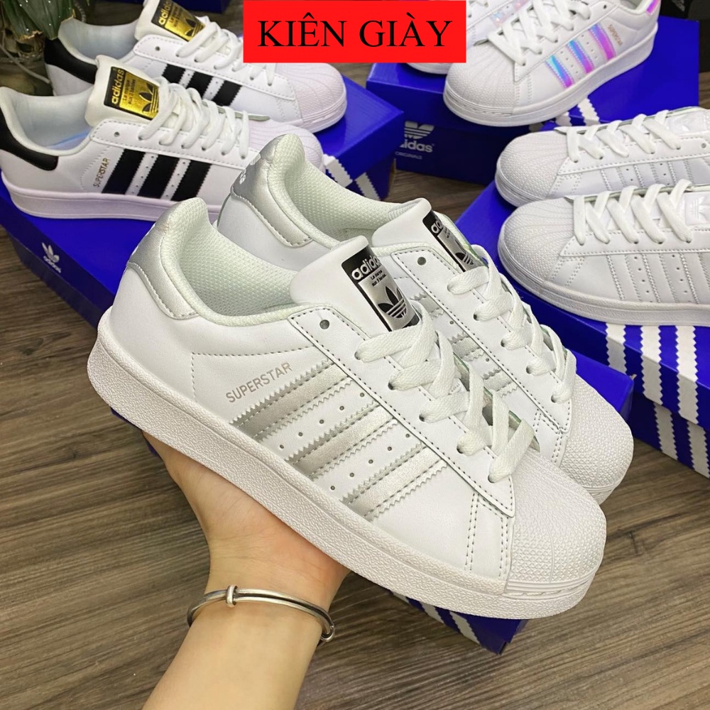 Giày Thể Thao Nam Nữ Kiên Superstar Trắng Ba Vạch Bạc