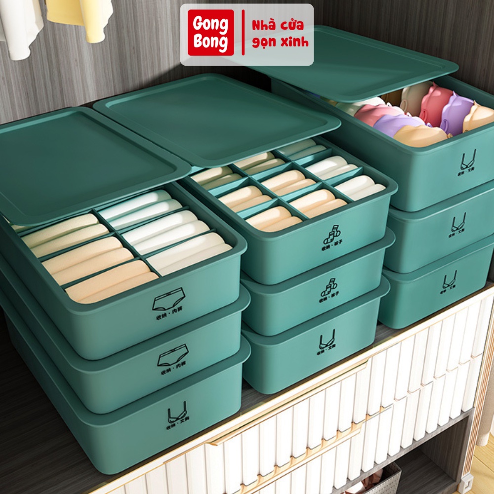 Hộp nhựa đựng đồ lót tất vớ mỹ phẩm chia ngăn đa năng có nắp xếp chồng tiết kiệm diện tích