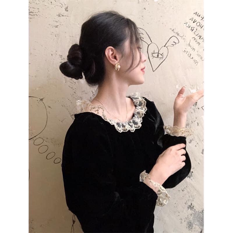 Áo nhung đen cổ bèo ren tay ren tiểu thư hàng QC