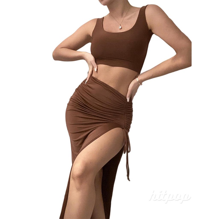 Hitpop-Women´s Short Skirt Suit Solid Color Sleeveless U-Neck Crop Tank Tops + Side Ruched High Slit Skirt