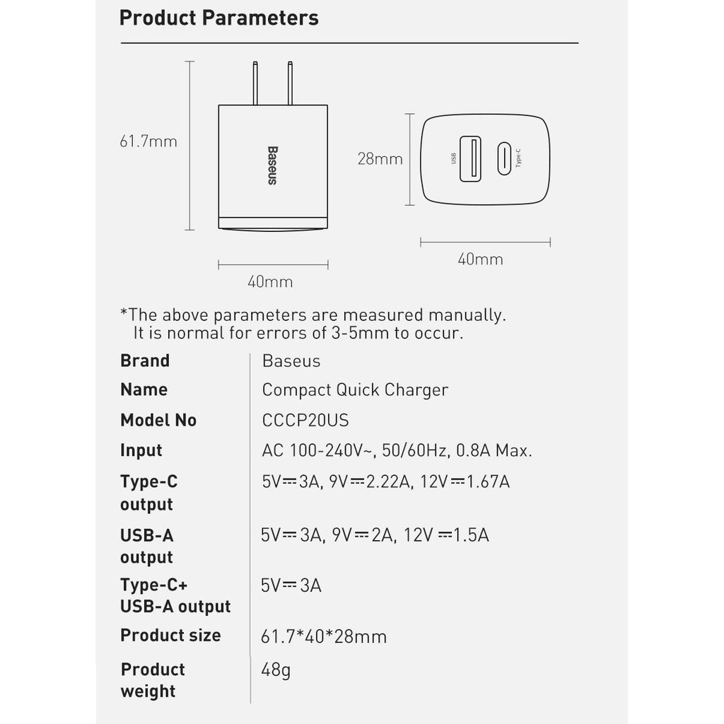 Củ Sạc Nhanh 20W Baseus Compact Quick Charger Siêu Nhỏ Gọn Tích Hợp 2 Cổng Sạc Type C và USB, Hỗ Trợ PD 20W/ 18W, QC3.0