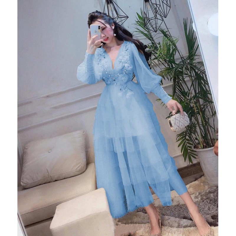 [Mã FATHANG5 giảm 10K đơn 50K] Đầm xoè tay dài lưới tầng xếp kết hoa nổi TIPBLE T DRESS -MS27V-Size S/M/L/XL đến 64kg