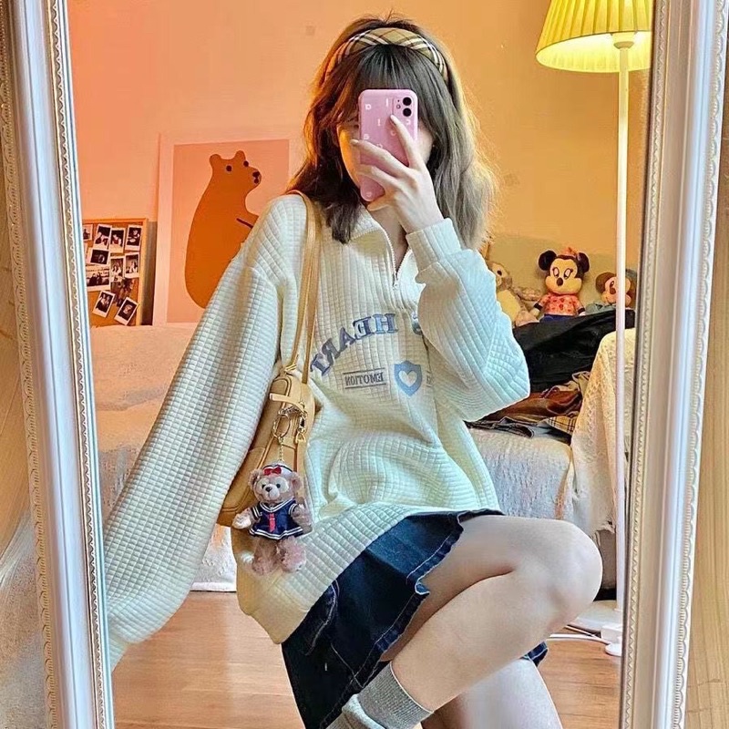 Áo Sweater Tay Dài Form Rộng Chất Nỉ Cổ Polo