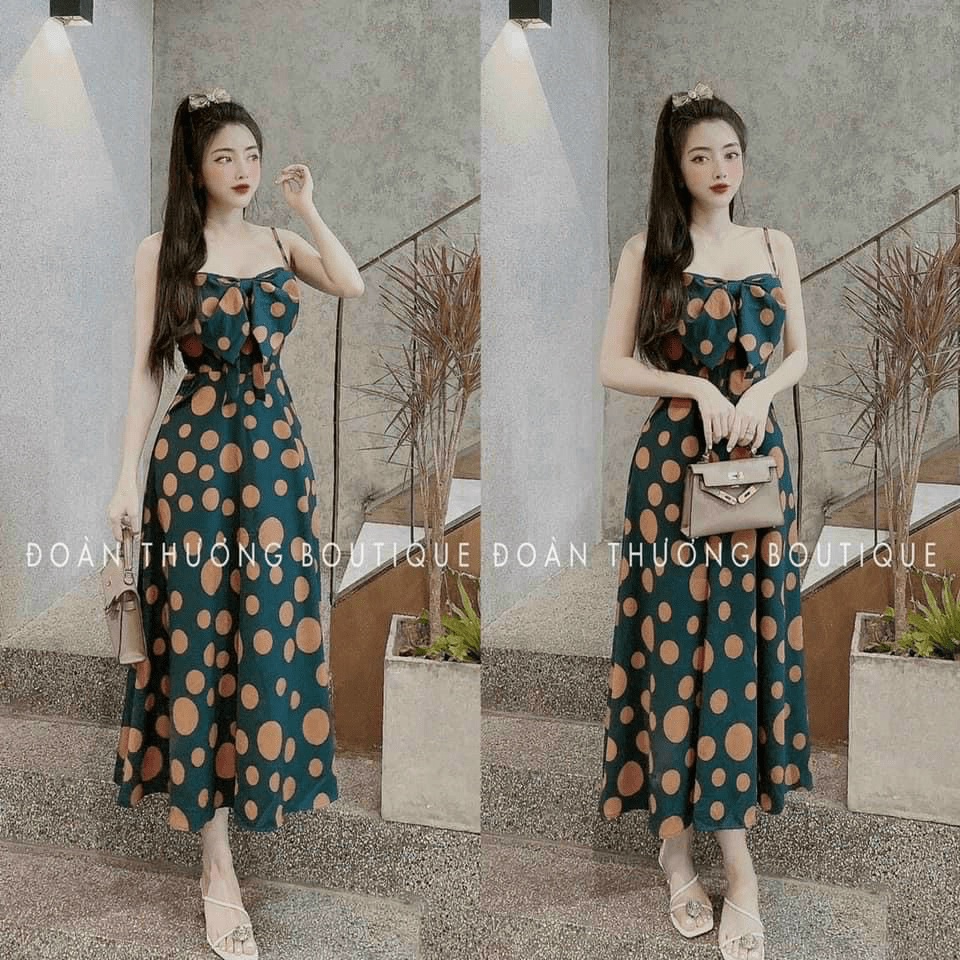 ĐẦM MAXI 2 DÂY CHẤM BI CHẤT LỤA MÁT SIÊU TÔN DÁNG SÁNG DA