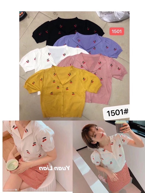 [Mã FASHIONT4WA2 giảm 10K đơn 50K] Áo len mông cộc tay cổ V quả cherry (thêu) (1501#) | BigBuy360 - bigbuy360.vn
