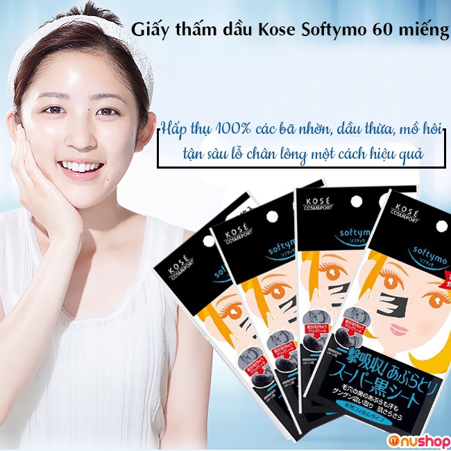 KOSE - Giấy thấm dầu Softymo than hoạt tính 60 tờ - Thấm hút hiệu quả, an toàn với mọi loại da