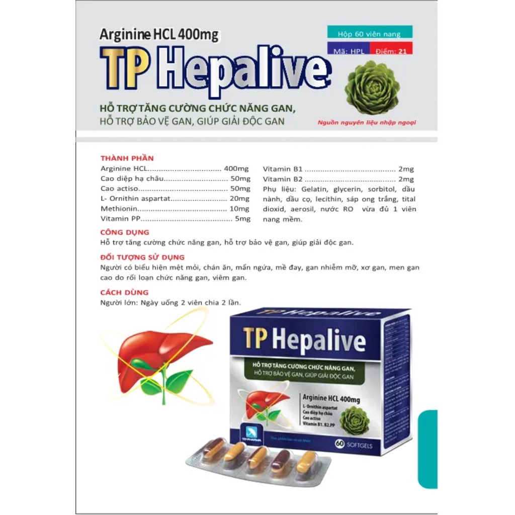 Viên uống hỗ trợ tăng cường chức năng gan, bảo vệ gan, giải độc gan TP Hepalive - Hộp 60 viên