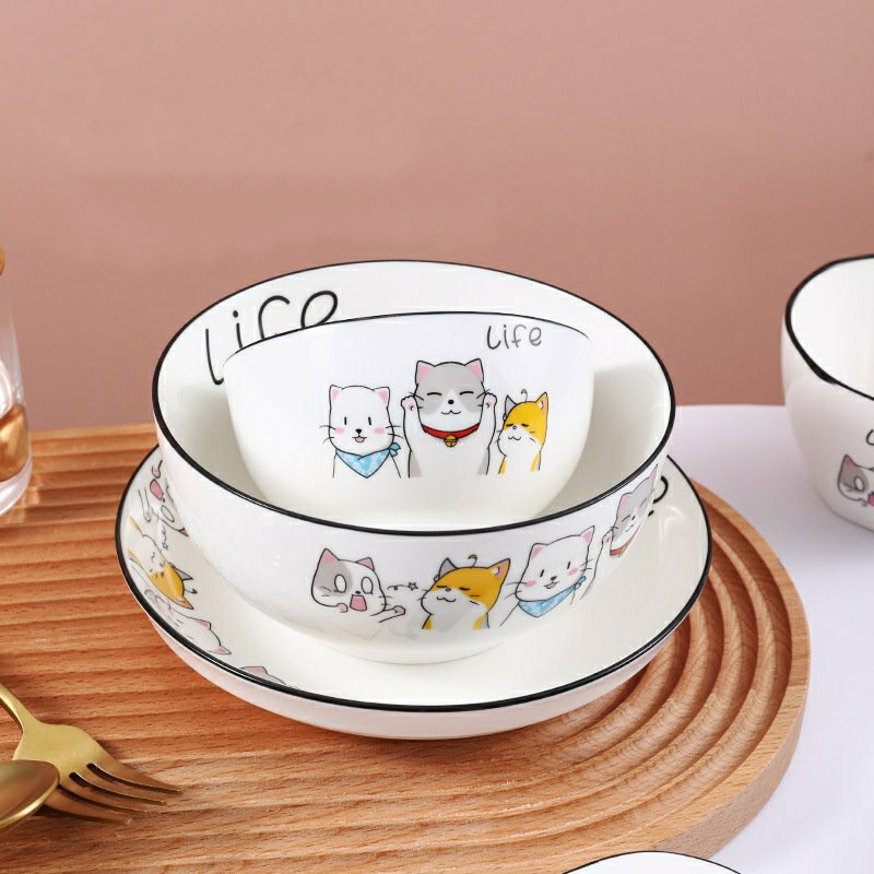 Tô, chén, dĩa, bộ chén dĩa gốm sứ hình mèo con xinh xắn.