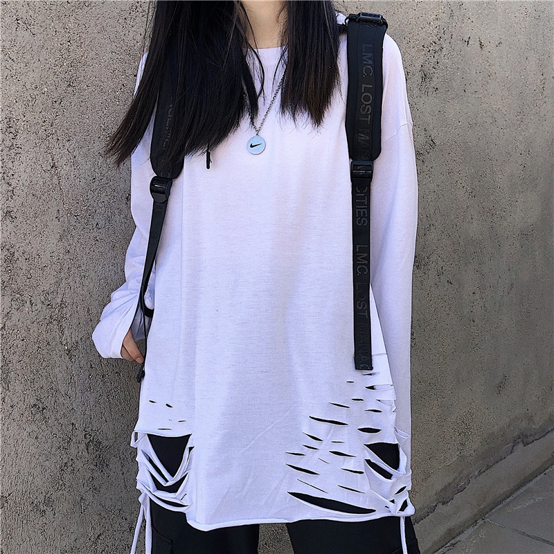 Áo thun dài tay 95% cotton rách gấu tạo layer màu basic hip hop unisex nam nữ