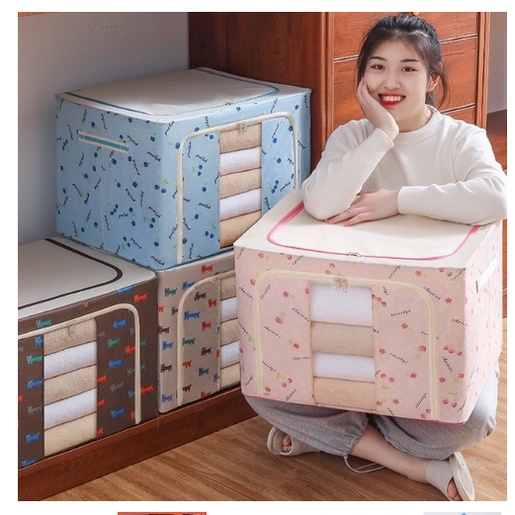 Túi Đựng Chăn Màn Quần Áo Khung Sắt Gấp Gọn, Vải Bố Chống Thấm Nước Có Khóa Kéo Tiện Lợi