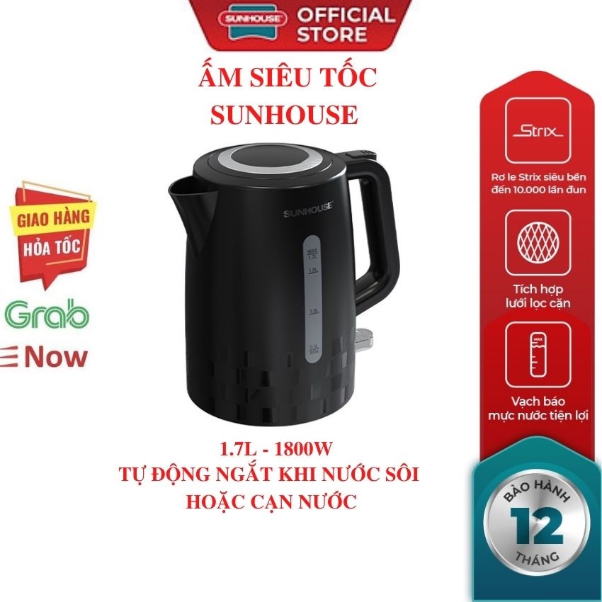 ấm đun nước siêu tốc 1.7L SUNHOUSE SHD1306-2022 bình đun nước siêu tốc Tự động tắt khi sôi hoặc trào nước trong lúc đun