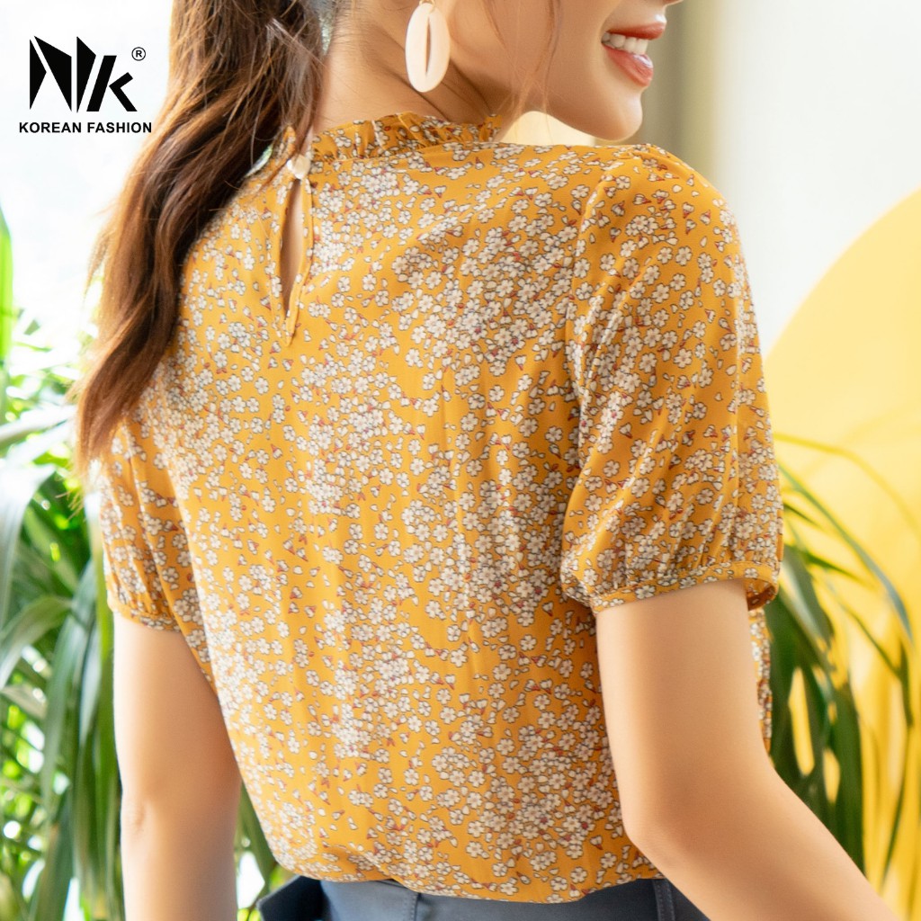 Áo Sơ Mi Nữ Công Sở NK FASHION Họa Tiết Hoa Nhí, Bèo Dọc Phần Thân, Tay Ngắn, Vải Voan Hàn NKFSM2104025