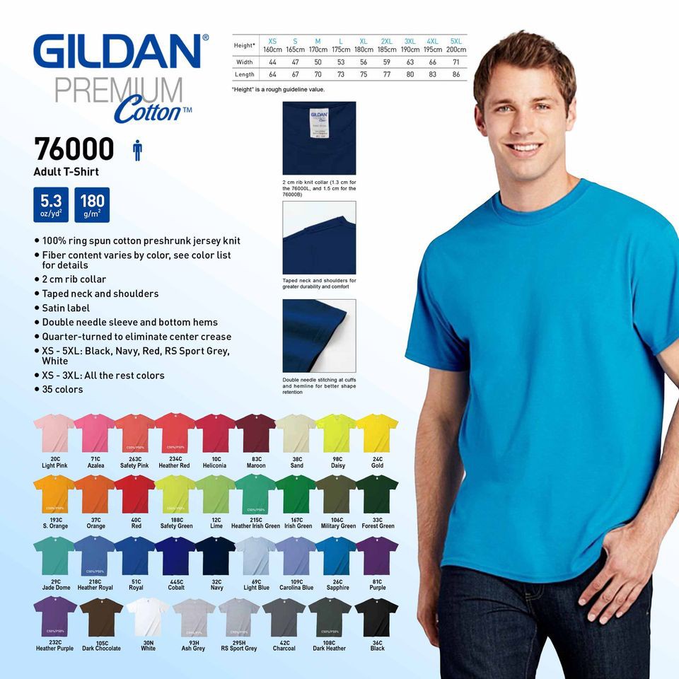 Áo thun trơn Unisex Gildan 76000 Premium, 100% US Cotton, Full Color 36 màu, Nhập khẩu Chính Hãng !
