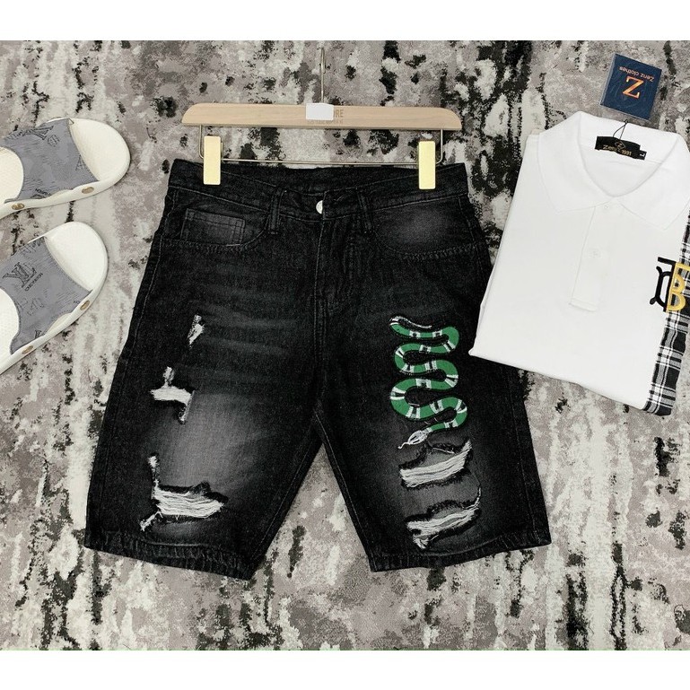 Quần short jean nam thêu rắn xanh độc lạ vải dày dặn co giãn bốn chiều cao cấp giá rẻ form regular 005