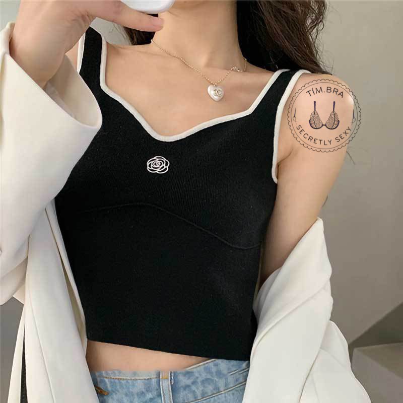 Áo croptop 2 dây bản to thêu hoa hồng giản dị, Áo ba lỗ nữ chất thun gân cao cấp Tím Bra M18