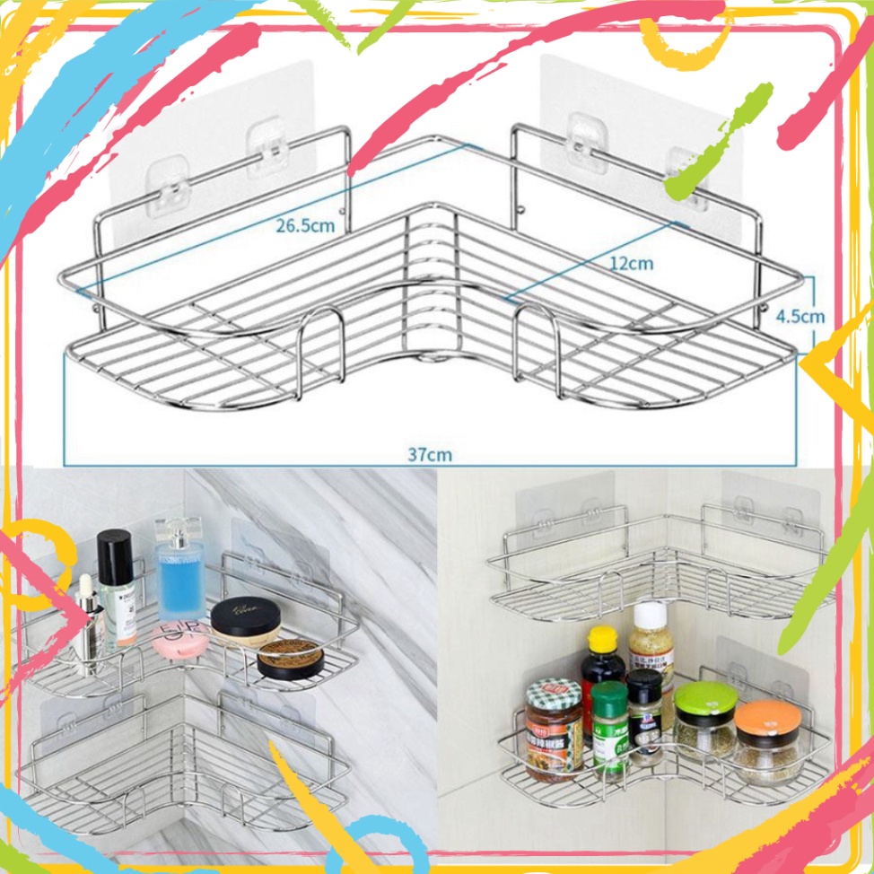 Kệ Góc Dán Tường INOX 304 siêu chắc, giá treo đồ nhà tắm, nhà bếp đa năng